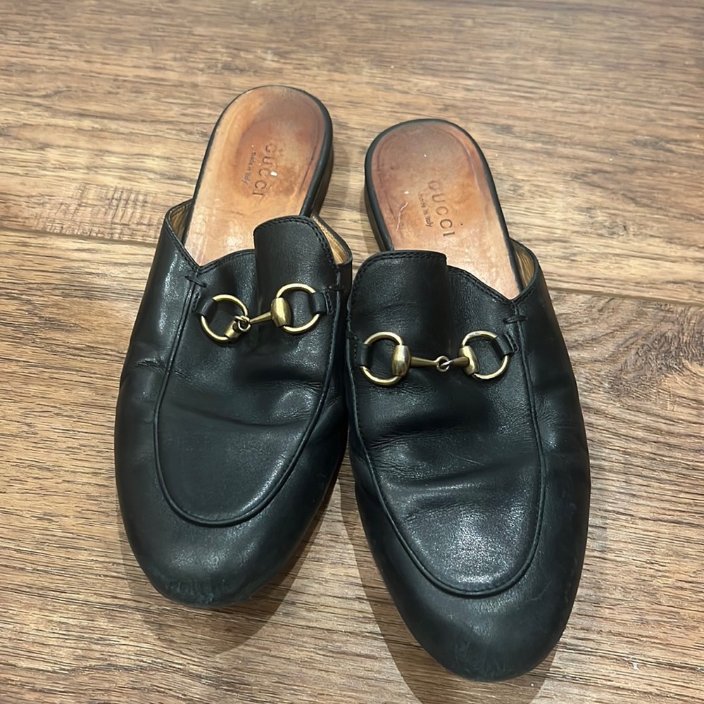 Gucci loafer slides, black, worn, 6.5